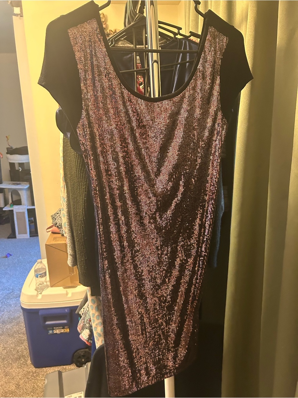 Timing Purple Sequin Midi Dress with Black Cap Sleeves